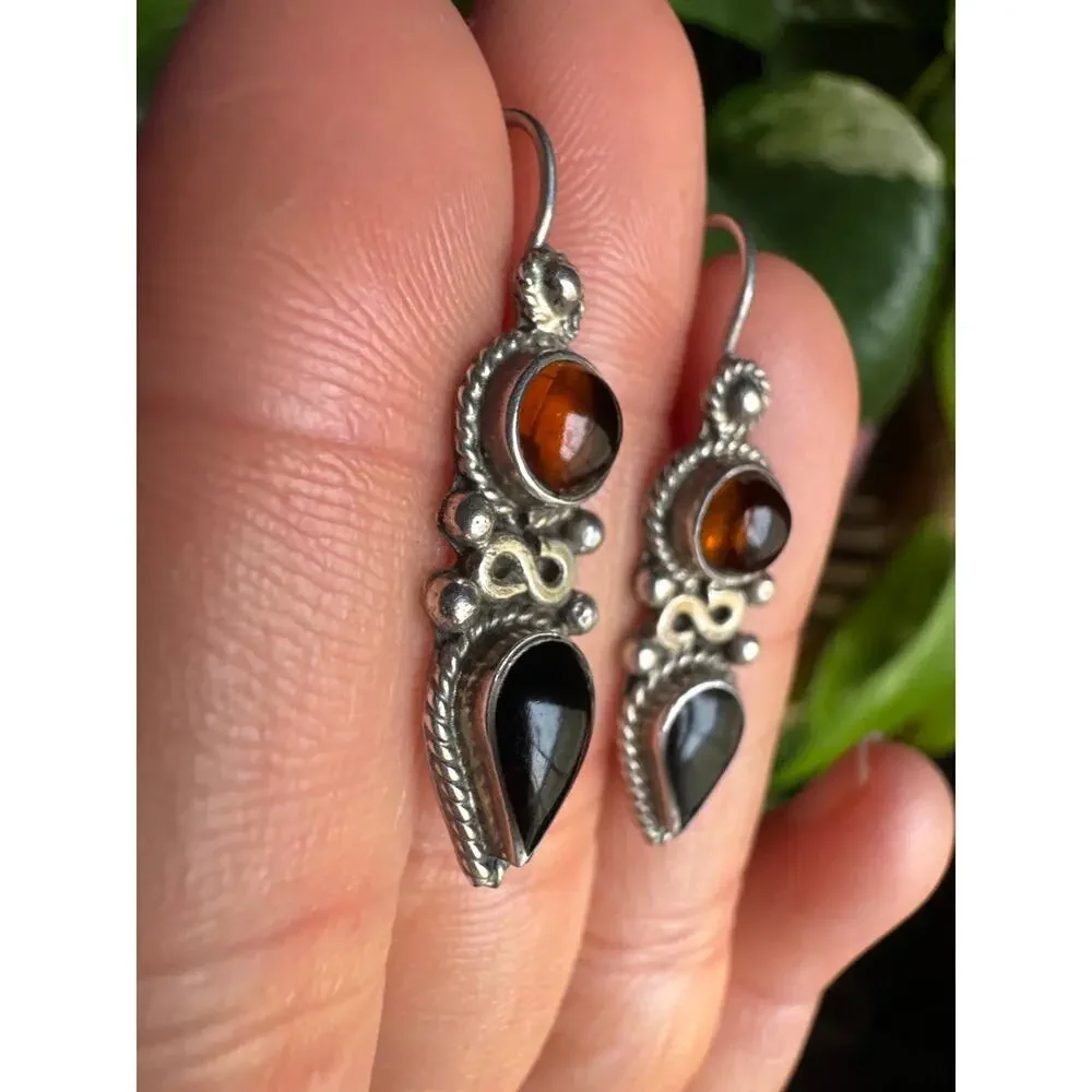 Vintage‎ CARSI Taxco Signed TC-57 Sterling Amber Onyx Earrings Pierced 925